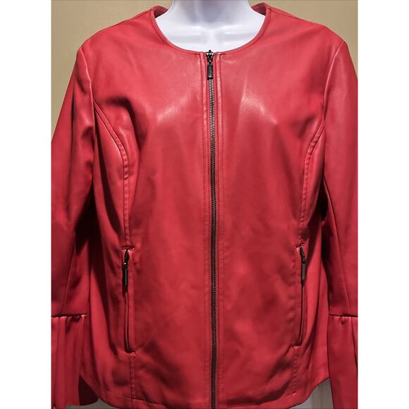 Alfani Women’s S Red Faux Leather Pleather Jacket Collarless Ruffle Sleeve - Picture 4 of 7